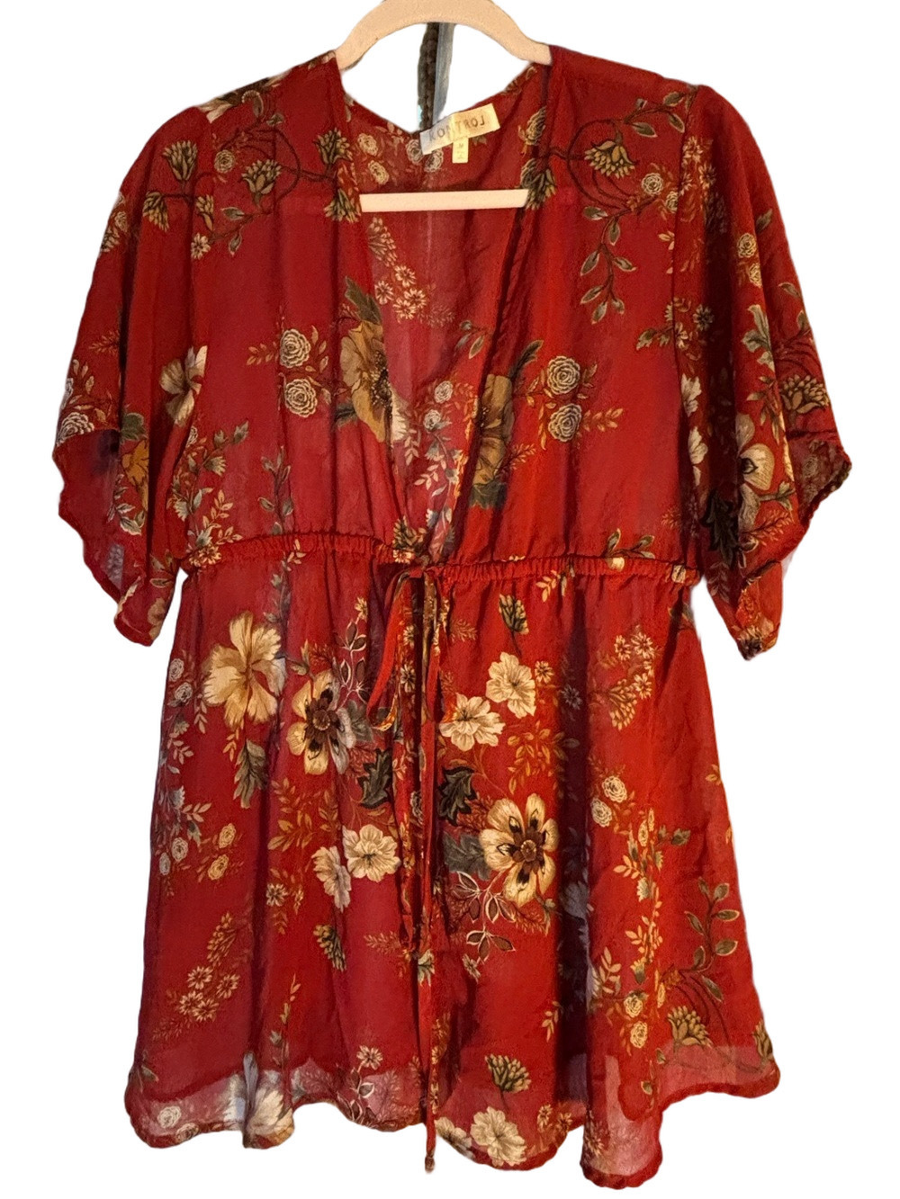Red Floral Kimono Sleeve 90s Floral Boho Blouse Coverup Women Size M